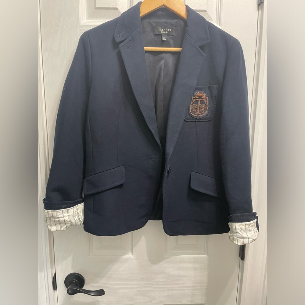 Talbots Navy Blue Blazer Jacket w/ Crest Preppy Equestrian Size 12 Kate Fit - Picture 12 of 14